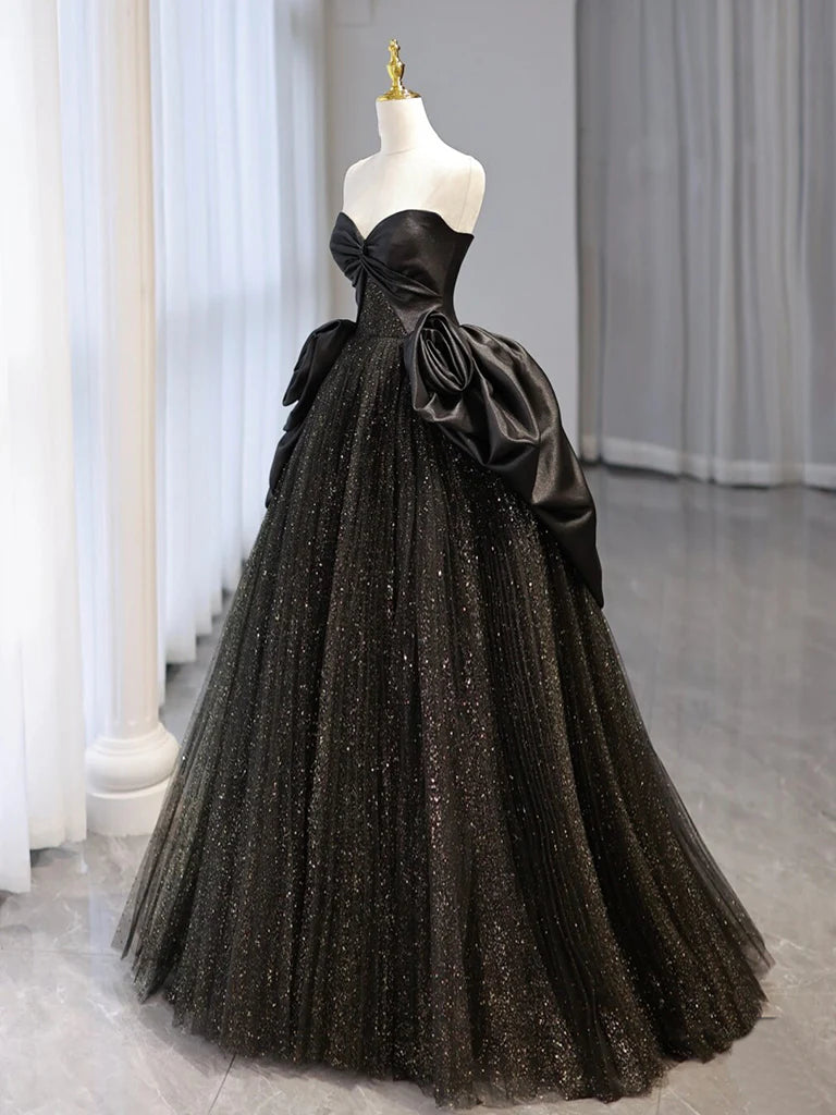 Full view of a black tulle satin long formal dress.