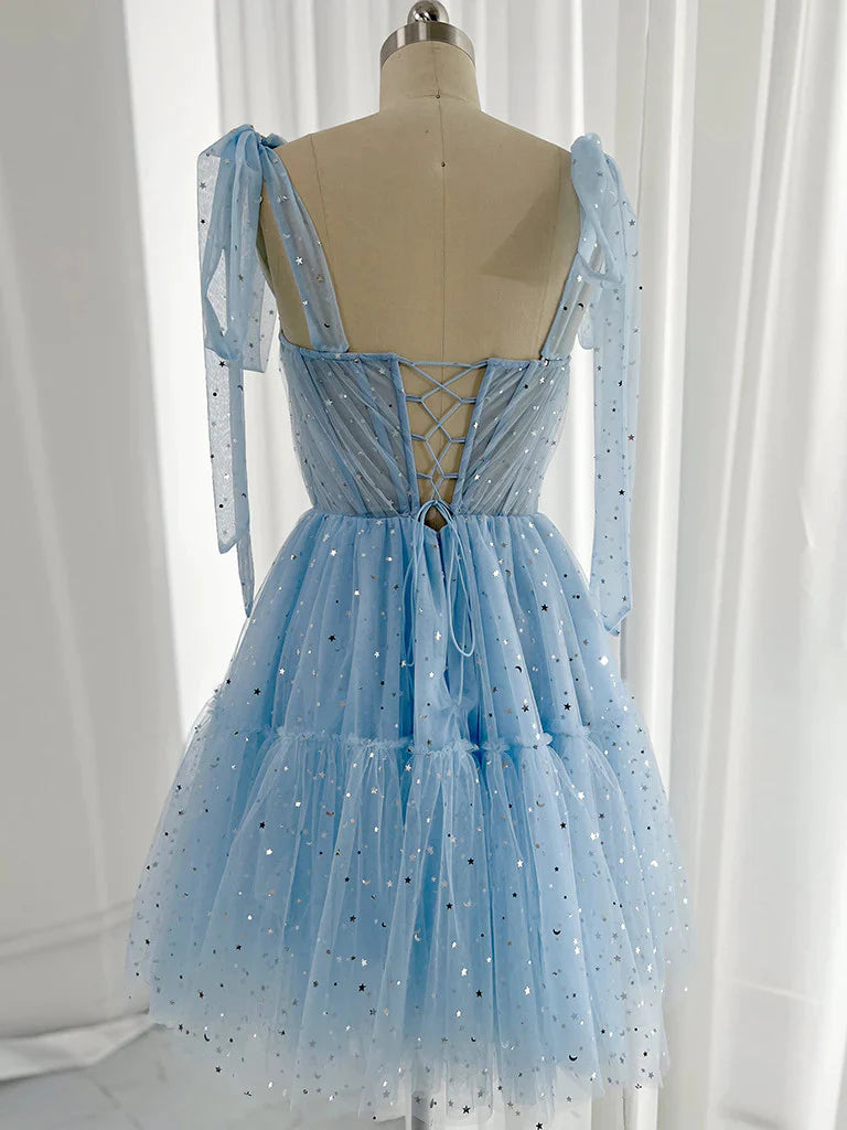 Back view of the A-line sweetheart tulle homecoming dress.