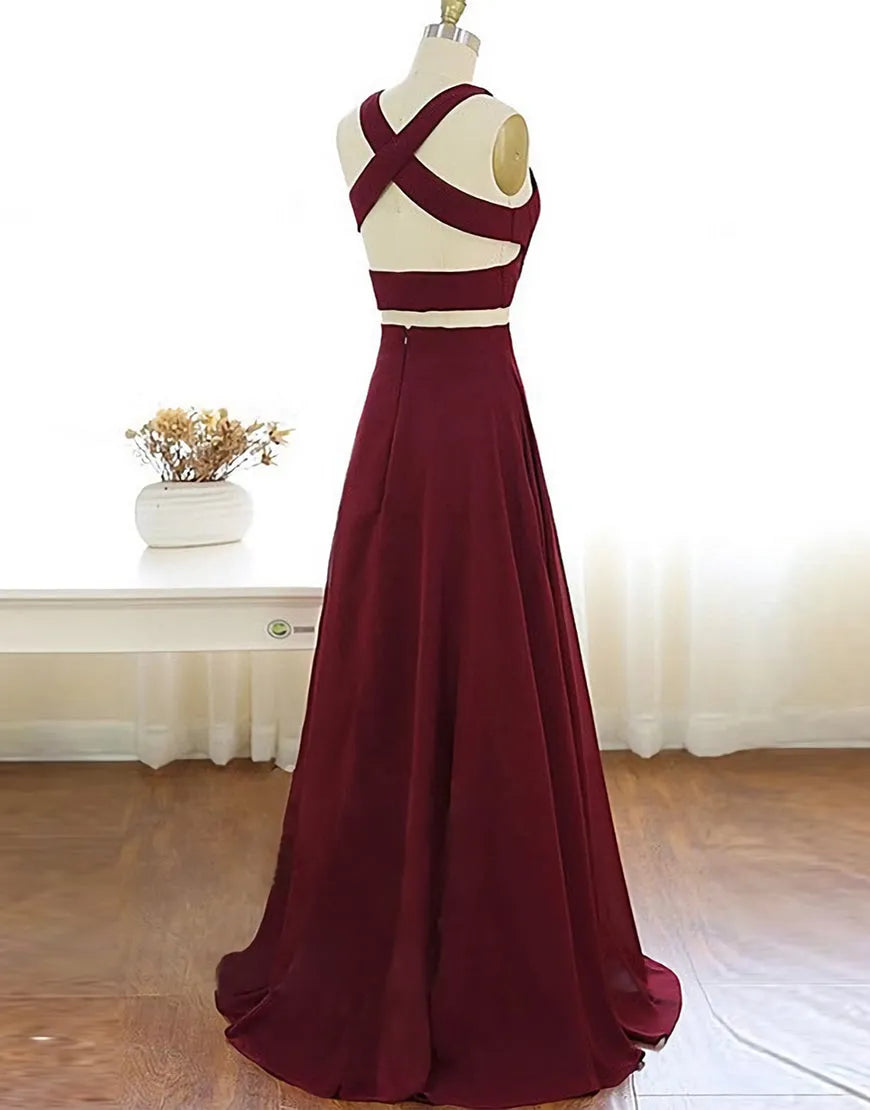 Back view of the light blue two-piece A-line chiffon prom dress.