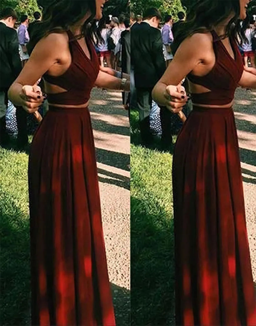 Side view of the light blue A-line two-piece chiffon prom dress.
