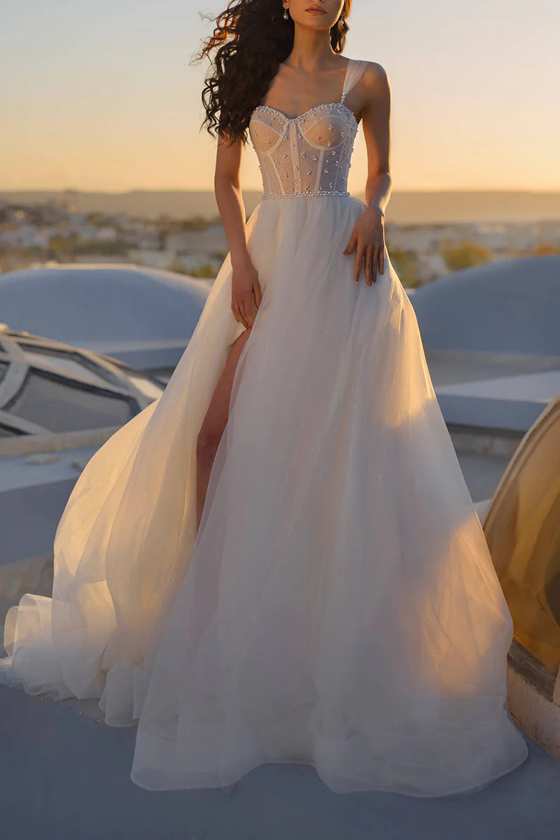 Full view of the A-line wedding dress, showcasing its flowing silhouette and ankle length.