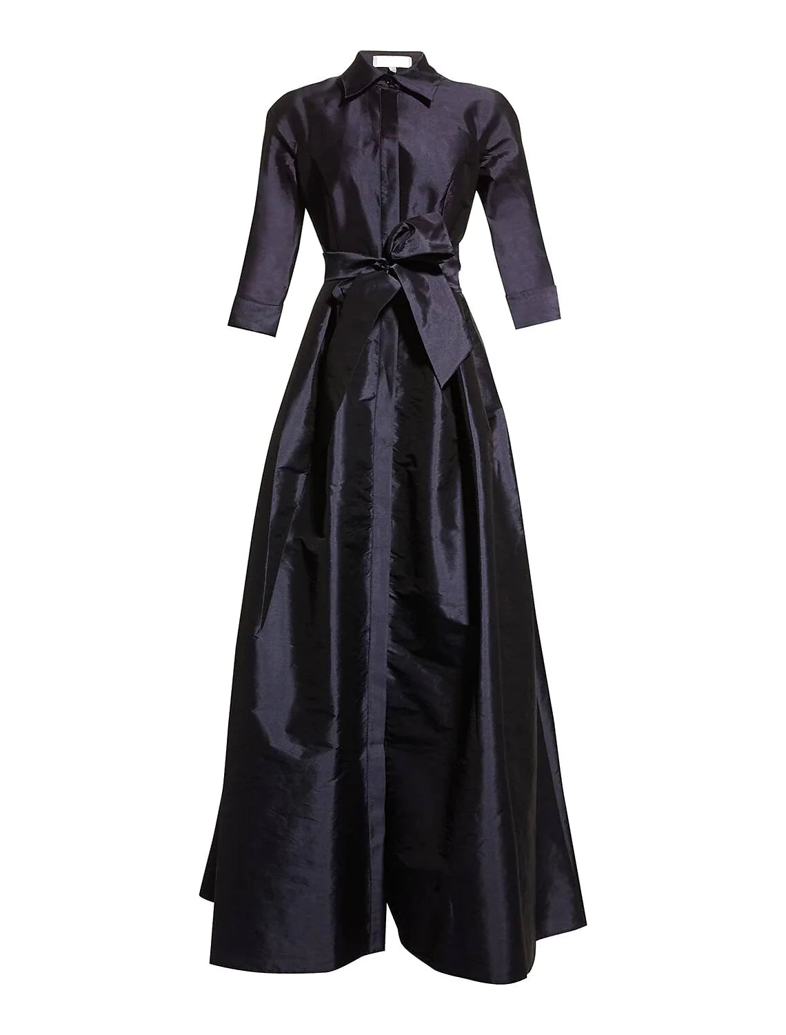 Elegant A-Line taffeta evening gown with shirt collar and 3/4 sleeves.