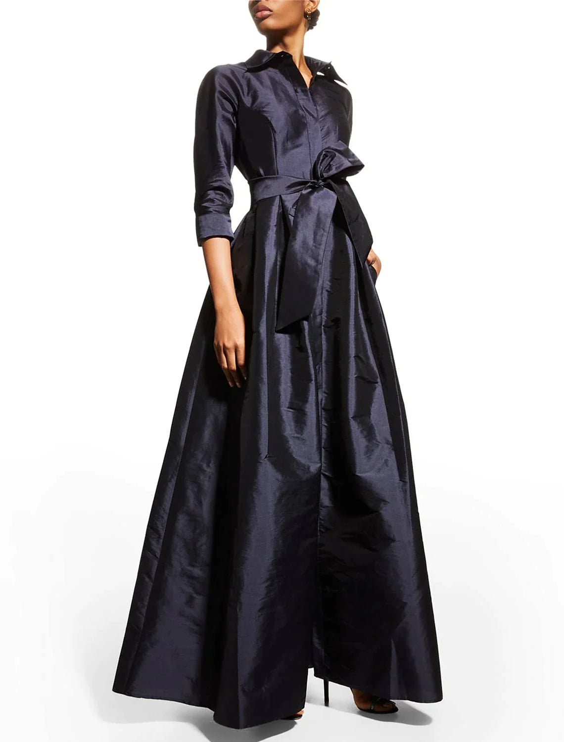 Full view of the A-Line taffeta evening gown, highlighting its floor length and elegant drape.
