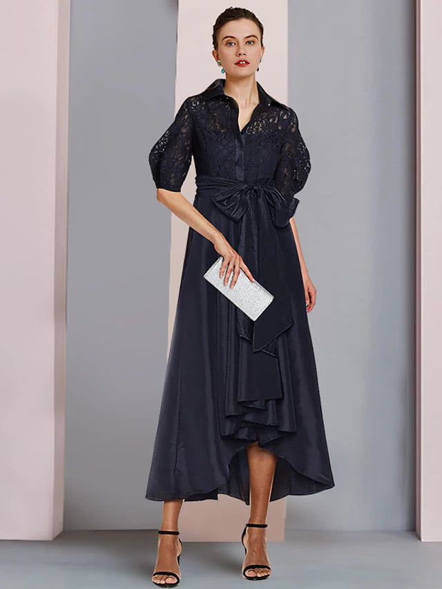 Elegant A-line taffeta high-low tea length dress with shirt collar and short sleeves.