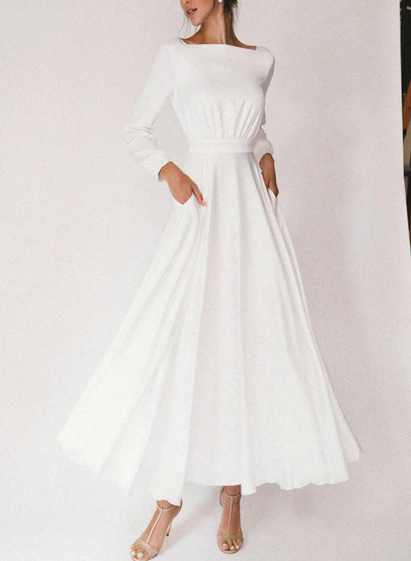 Elegant A-Line tea-length wedding dress with a square neckline and long sleeves.