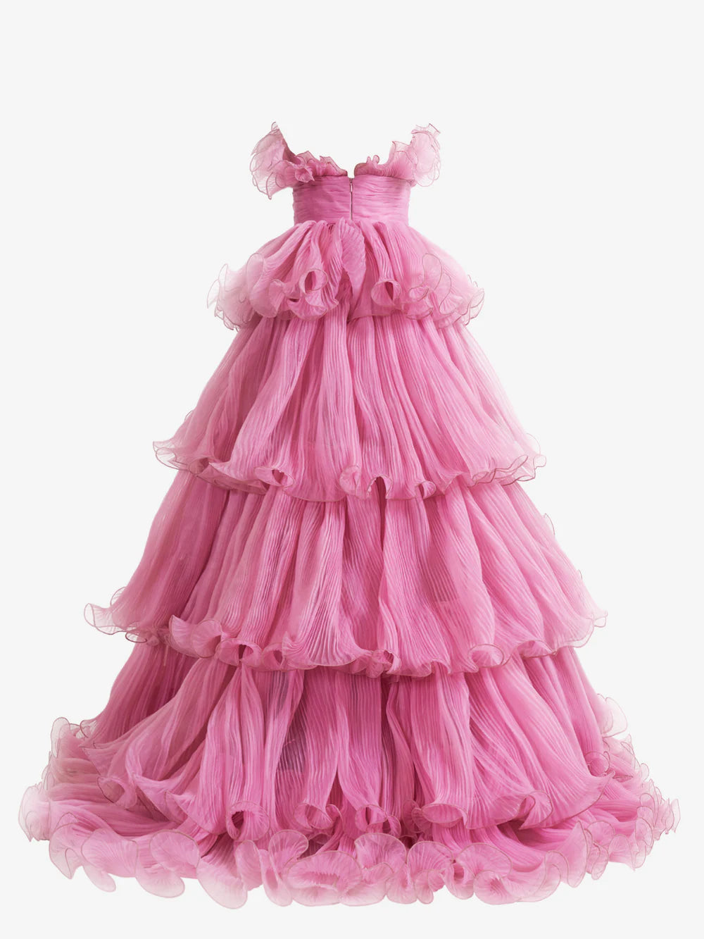 Sleeveless A-Line gown with crinkled tulle tiers.
