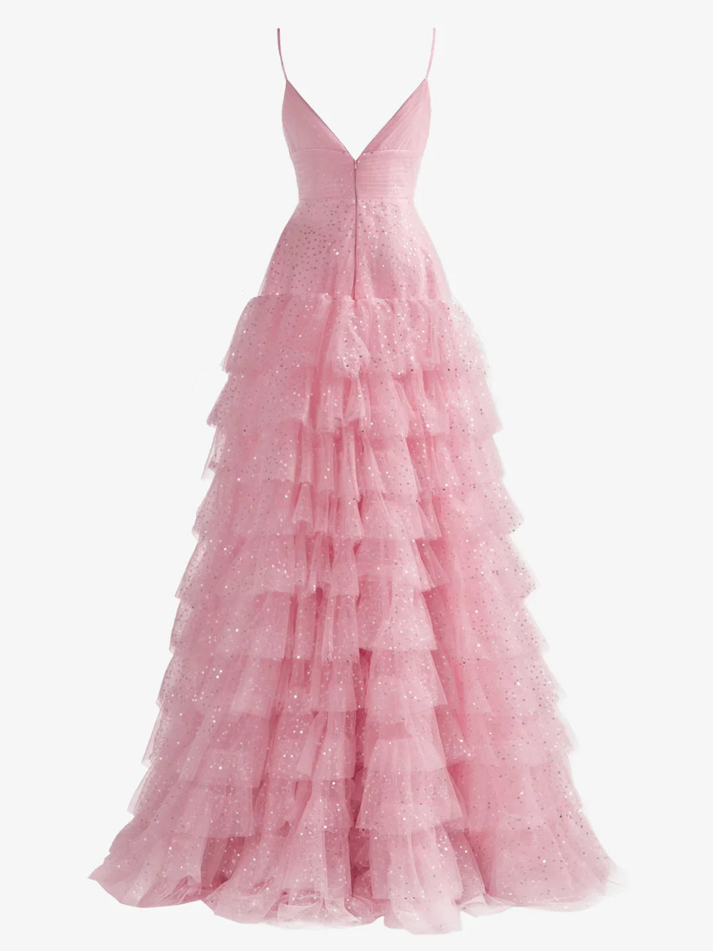 Back view of the tiered tulle prom dress with delicate spaghetti straps.