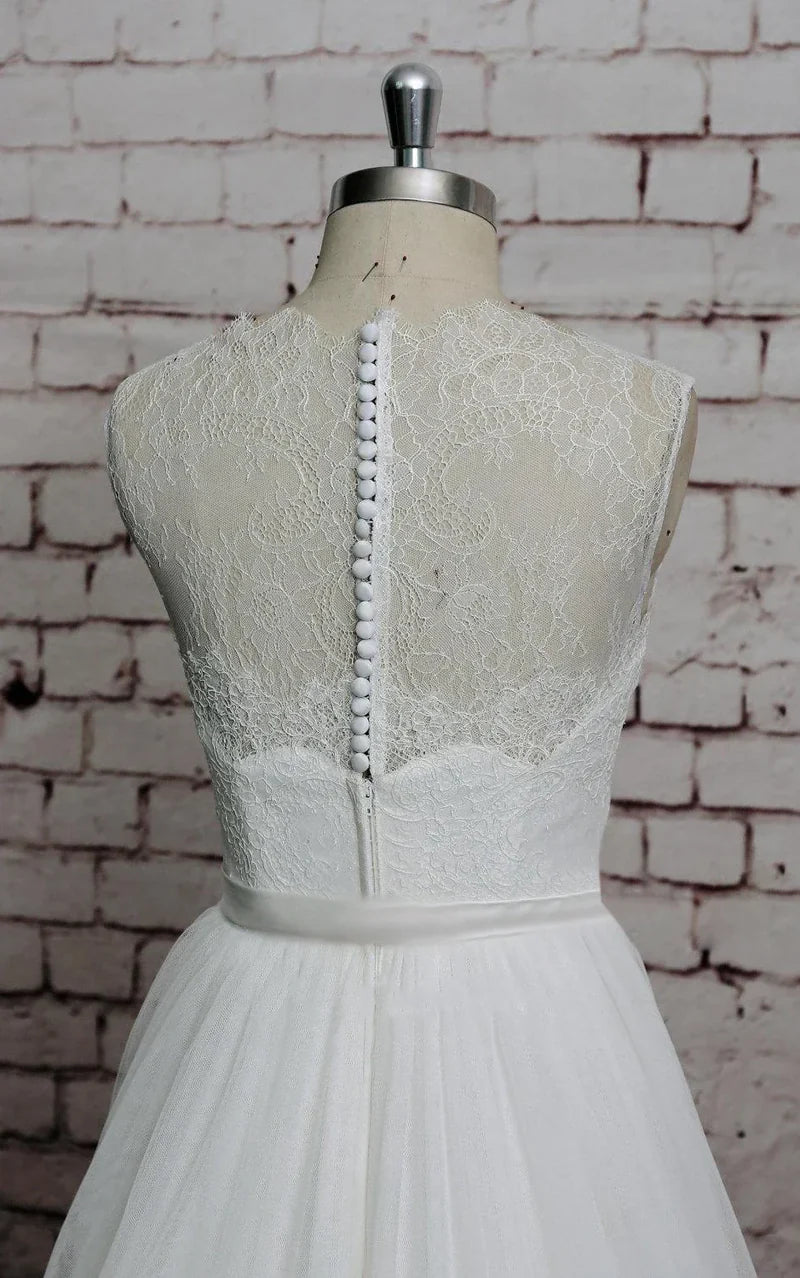Full view of a formal A-line wedding dress, showcasing its elegant silhouette.