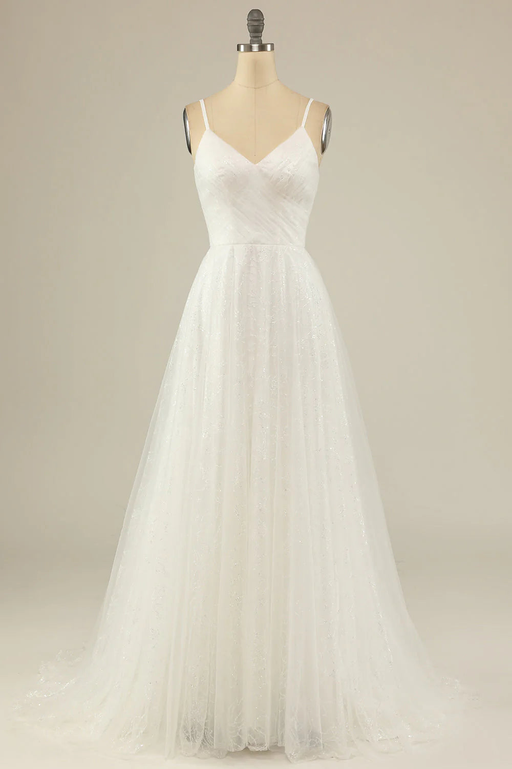 Elegant A-Line tulle party dress with delicate spaghetti straps.