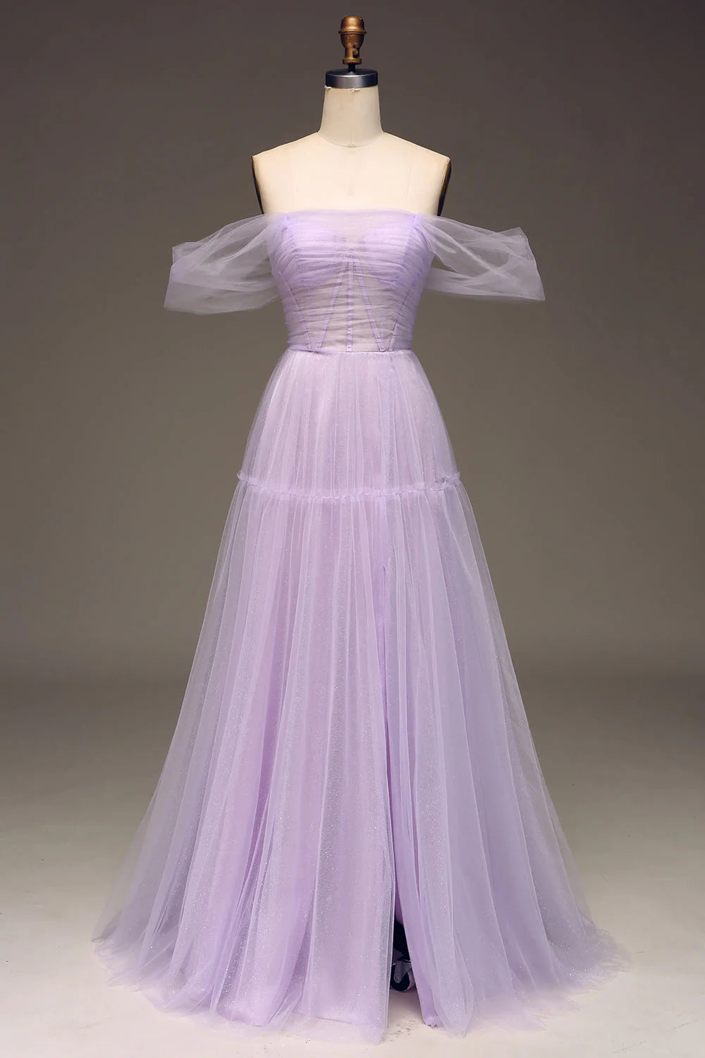 Elegant A-line tulle prom dress in lilac with a high slit.