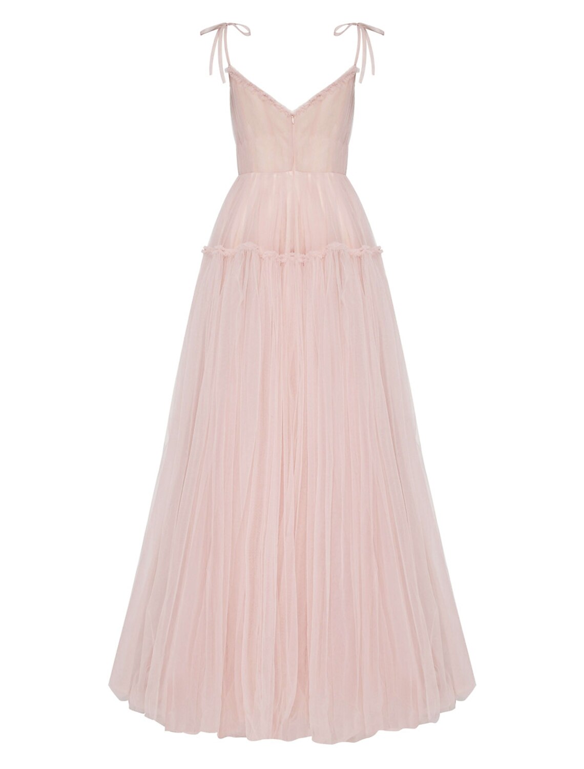 Back view of a floor-length A-line dress with ruffled tulle skirt.