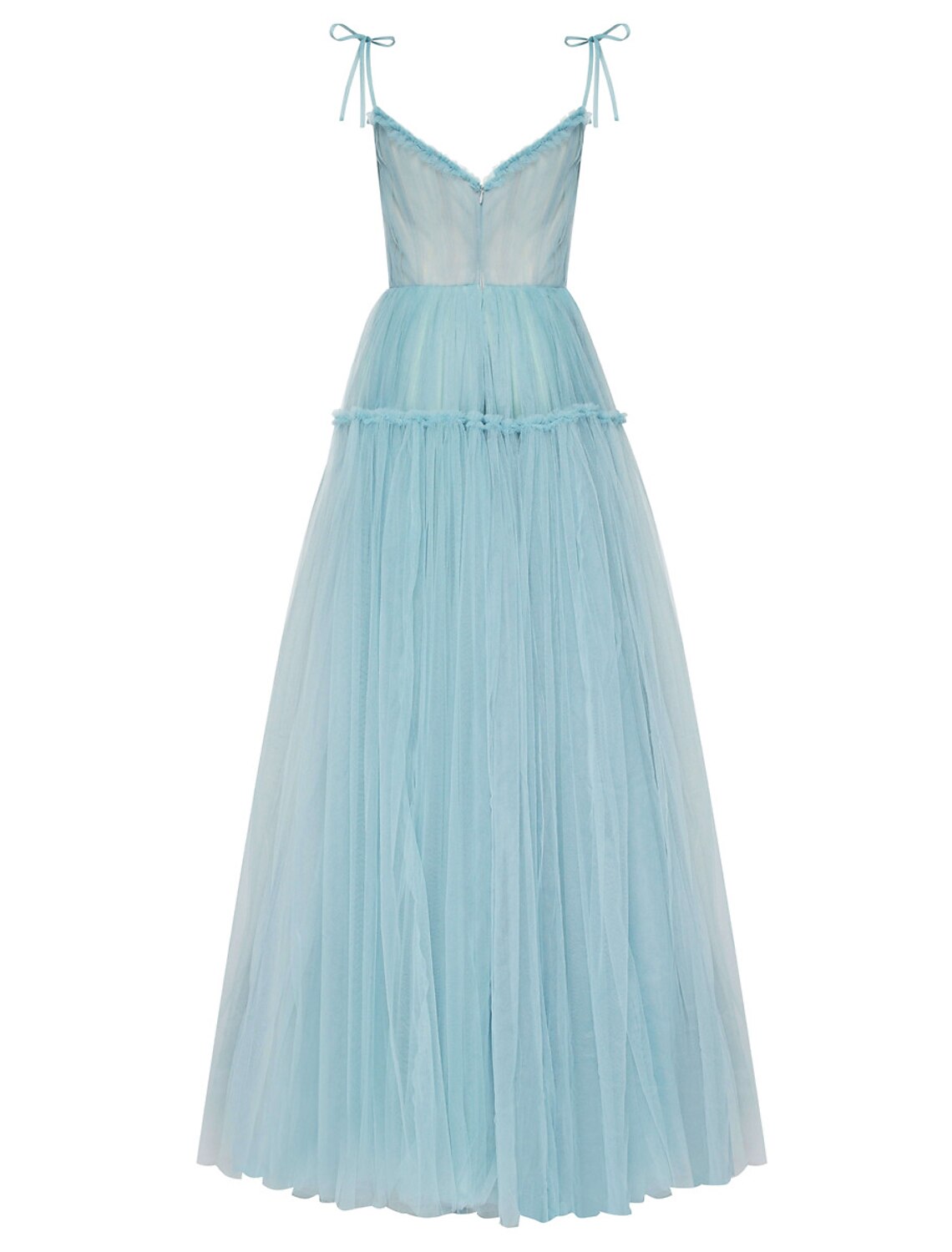 Front view of the floor-length tulle dress with a graceful drape.