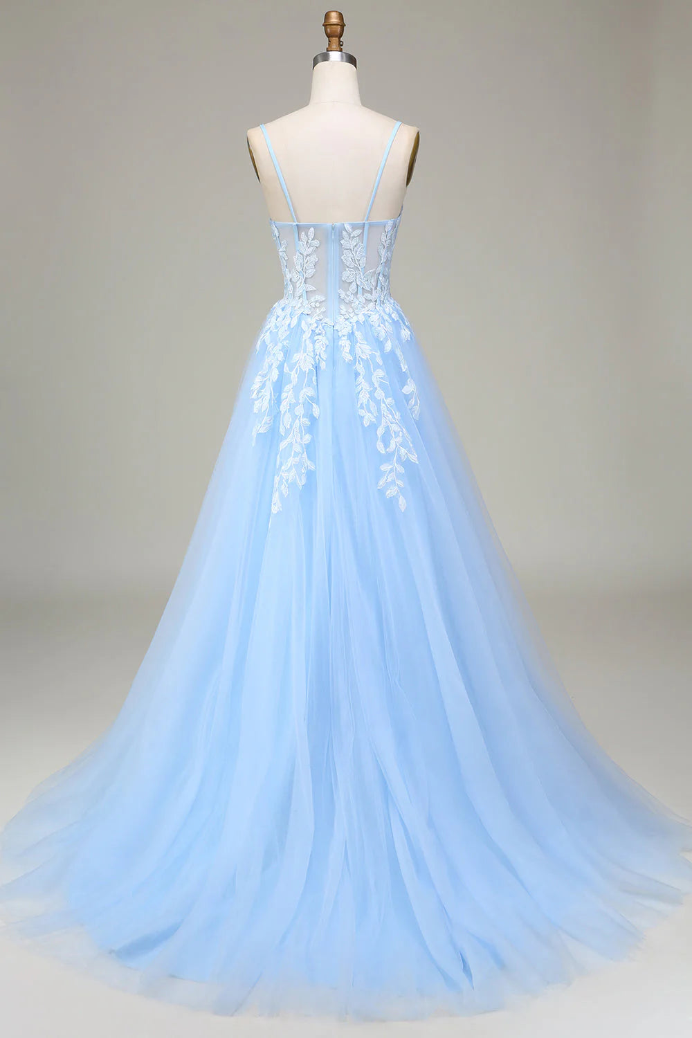 Close-up of the appliques on the A-Line tulle prom dress.