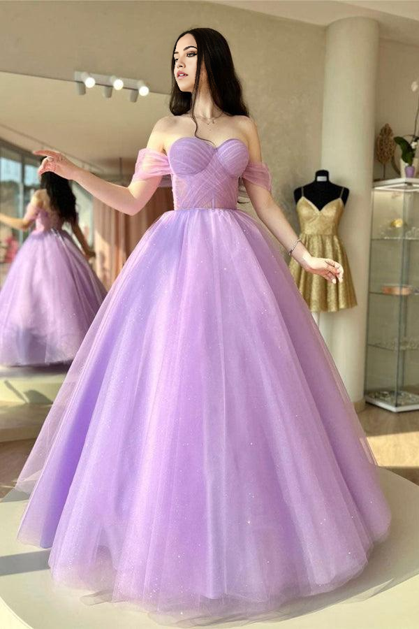 Purple A-line tulle prom dress with sweetheart neckline.