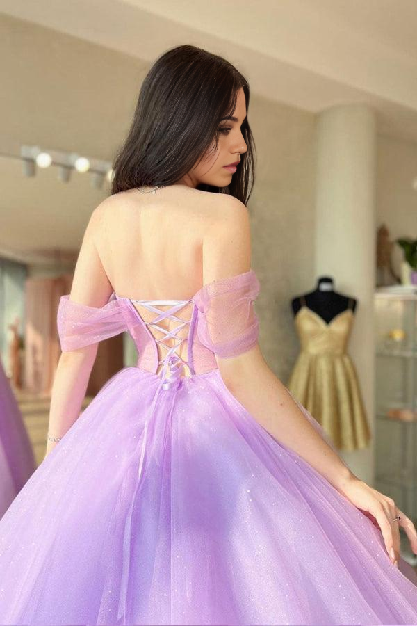 Long purple formal dress, A-line silhouette.