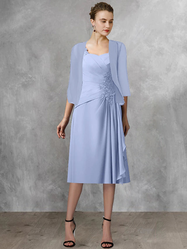 Elegant two-piece A-line mother of the bride dress with square neck and half sleeves.