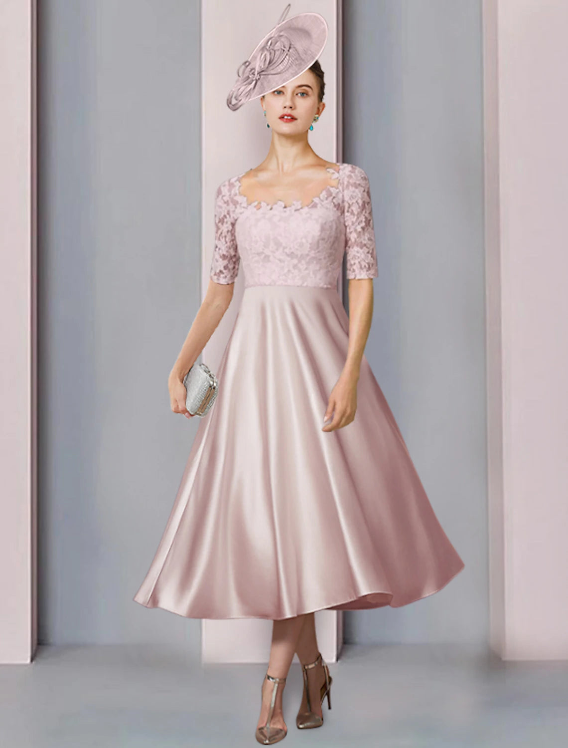 A-Line two-piece tea length dress with pleated satin lace skirt.