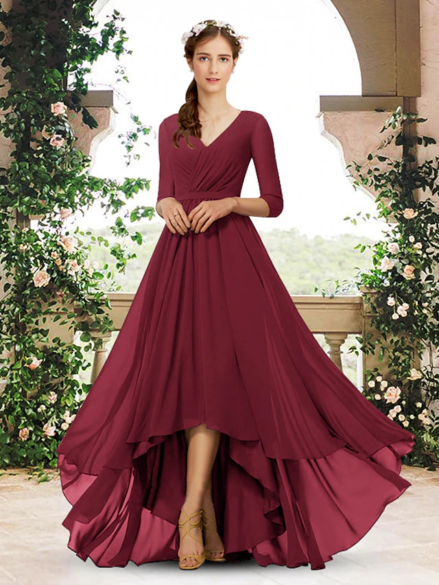 Elegant A-line bridesmaid dress with V-neck and 3/4 sleeves.