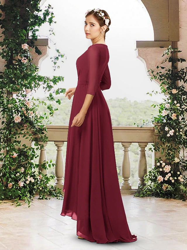 Back view of the chiffon bridesmaid dress with sweep train and pleats.