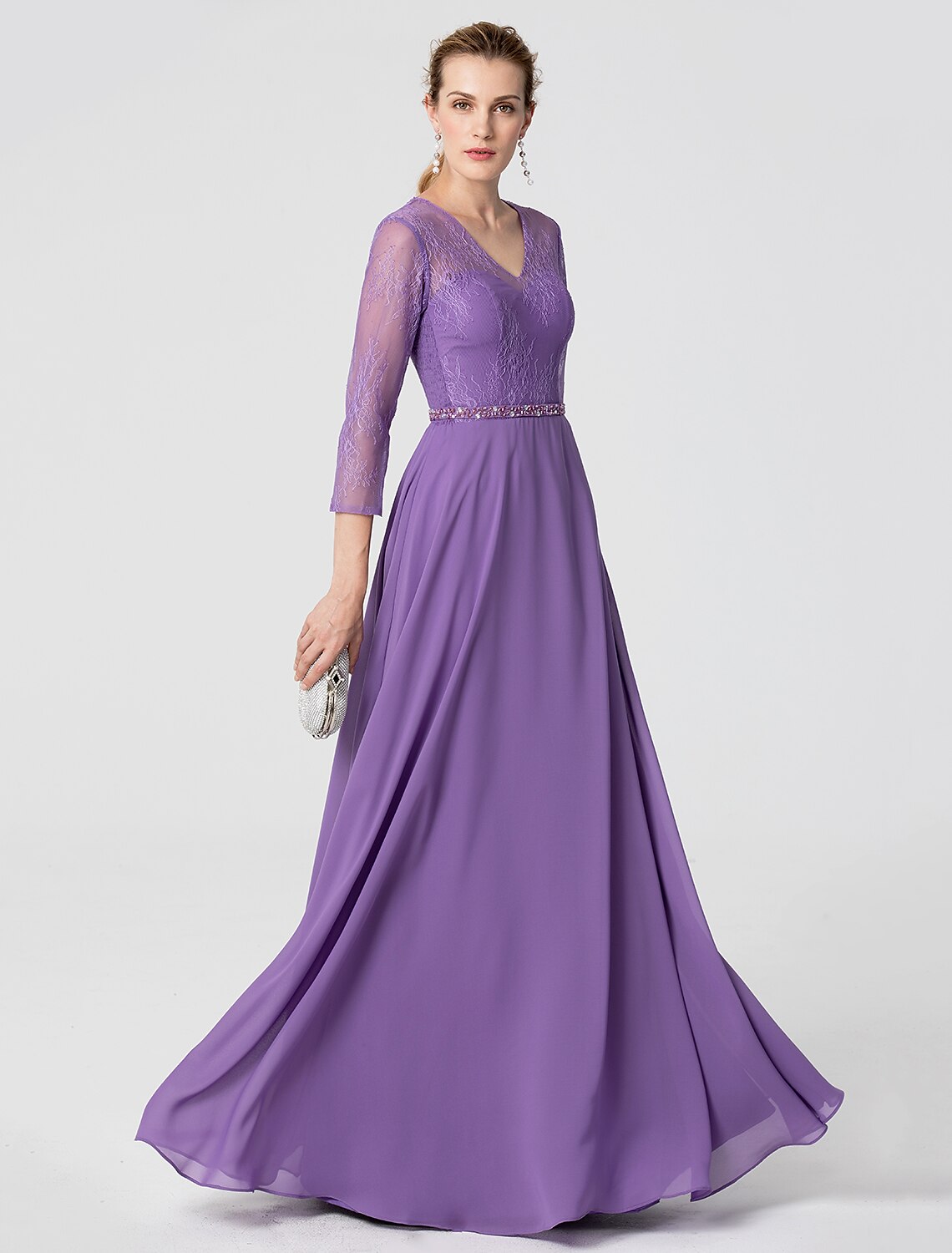Elegant A-line V-neck chiffon lace evening gown.