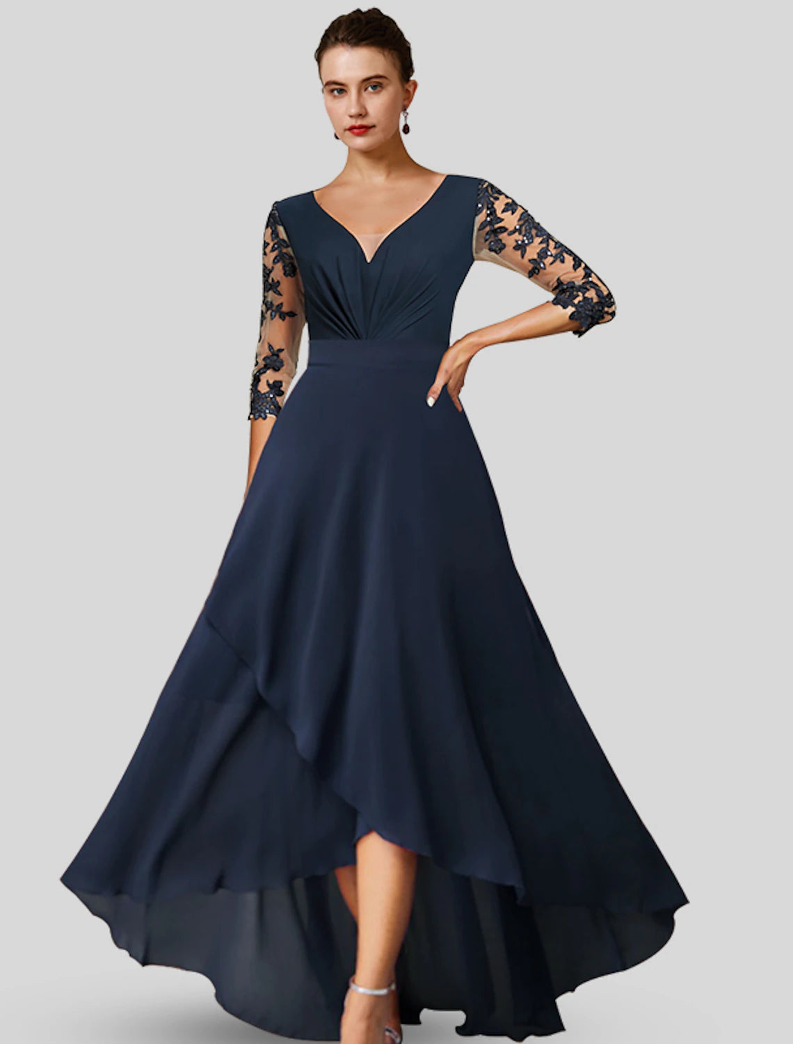 Elegant A-Line Mother of the Bride dress with V-neck, 3/4 sleeves, and high-low tea length hem.