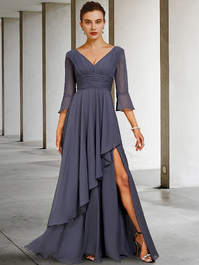 Elegant A-line chiffon mother of the bride dress with V-neck and 3/4 sleeves.