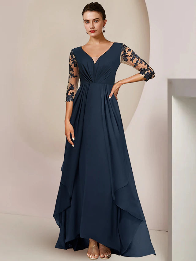Elegant A-line V-neck high-low dress with 3/4 sleeves, chiffon, lace, and sequin appliques.