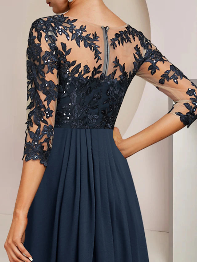 Back view of the elegant A-line high-low dress, showcasing the flow of chiffon and lace.
