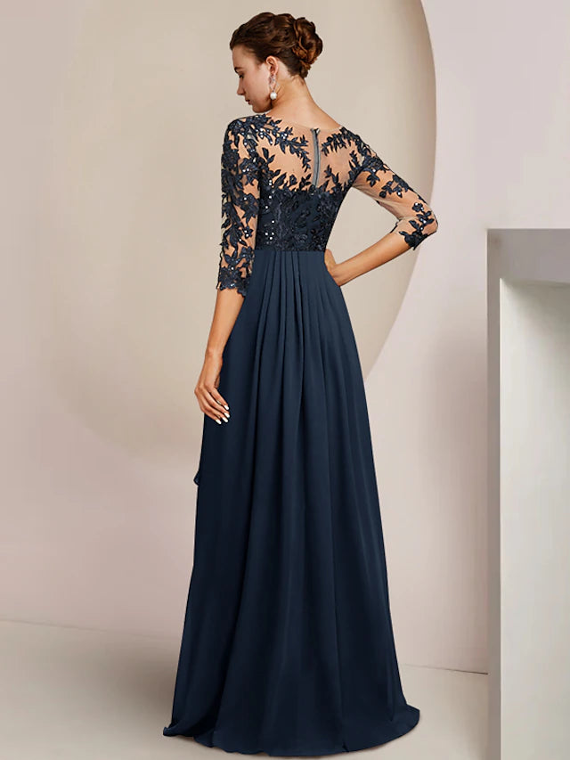 Side view of the A-line Mother of the Bride dress, highlighting the high-low hem and fabric details.