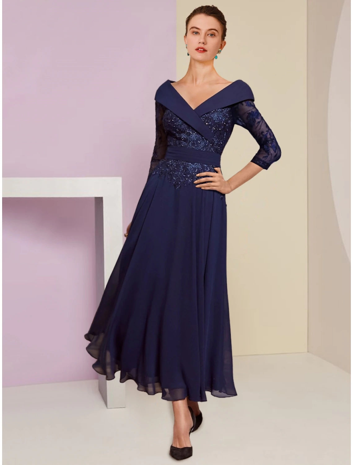 Elegant A-line V-neck chiffon dress with 3/4 sleeves, lace, and sequin details.