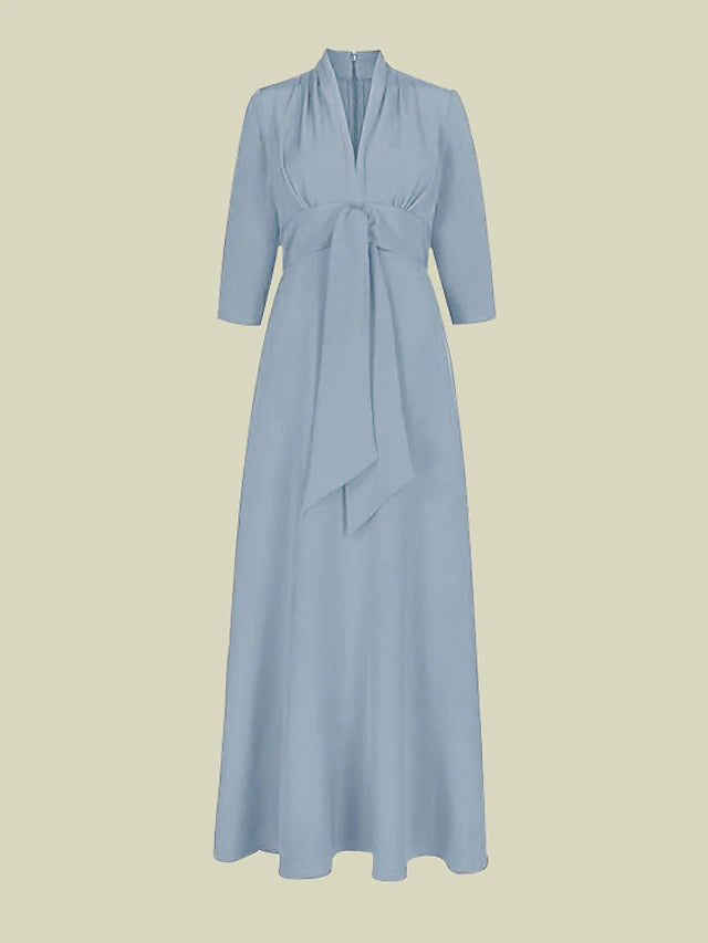 Elegant A-line Mother of the Bride dress with V-neck and 3/4 sleeves, front view.