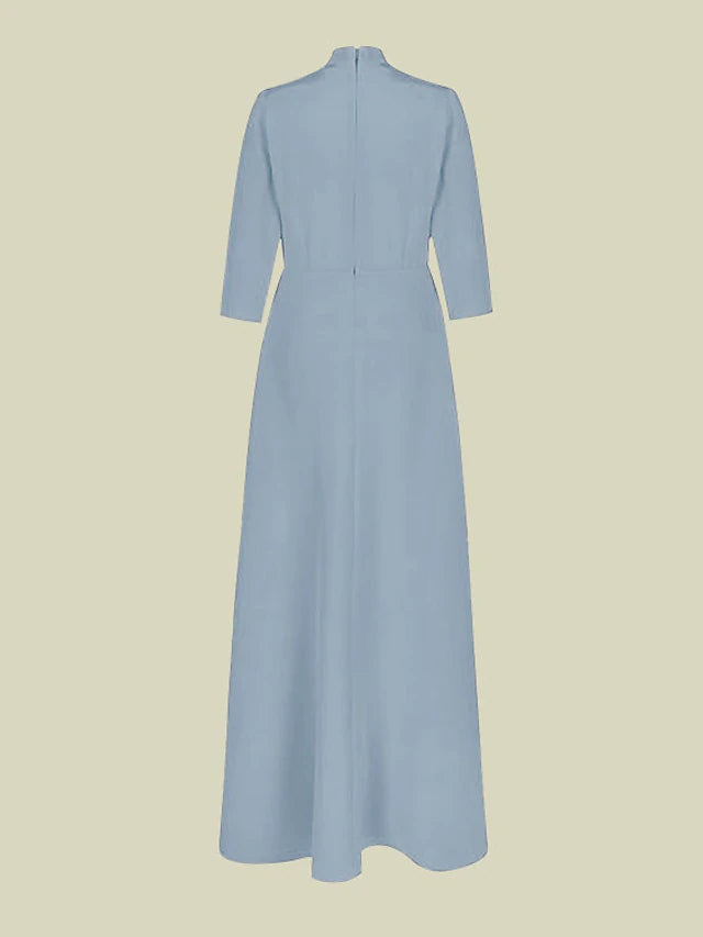 Back view of the A-line charmeuse Mother of the Bride dress with ruching.