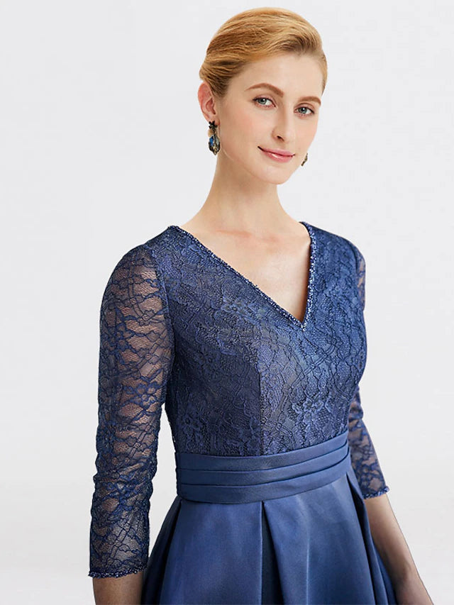 Side view of the elegant A-Line plus size dress, showing the flow of the satin fabric.