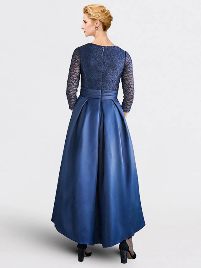Back view of the tea length Mother of the Bride gown, highlighting the ruched details.