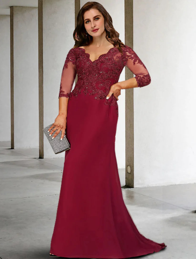 A-Line plus size mother of the bride dress with V-neck and 3/4 sleeves.