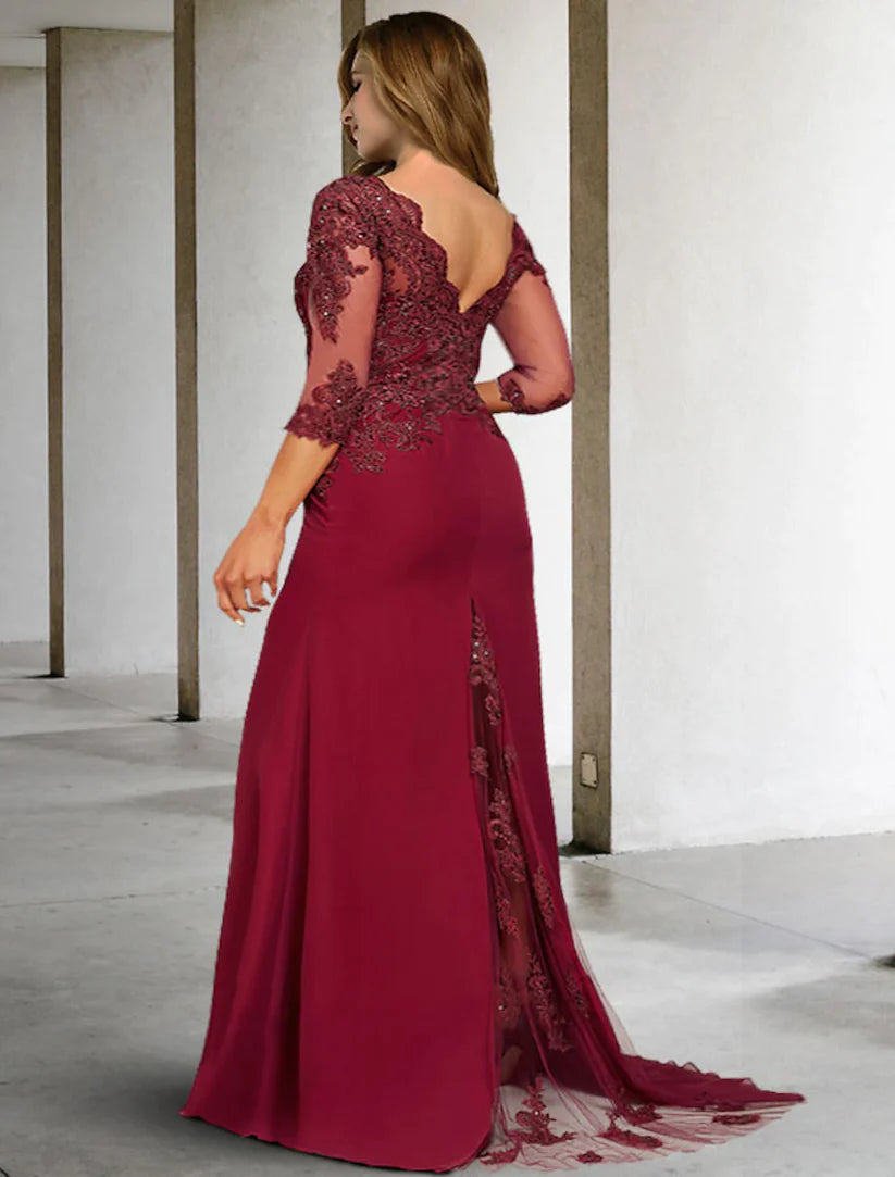 Back view of elegant chiffon gown with court train and sequin details.