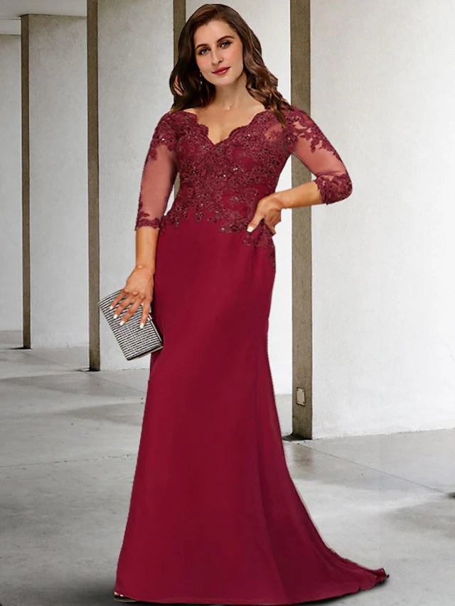 Elegant A-line plus size Mother of the Bride dress with V-neck and 3/4 sleeves.