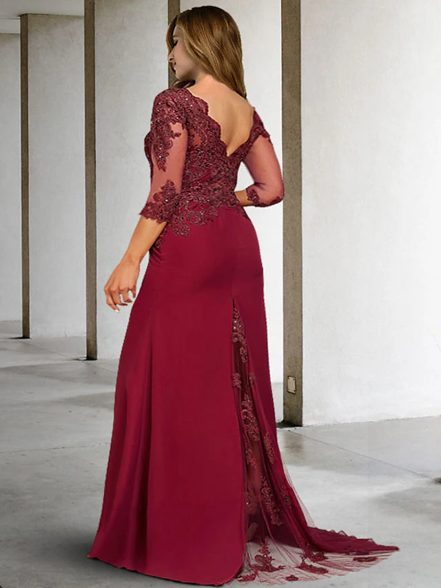 Close-up of sequin and slit appliques on an elegant Mother of the Bride gown.