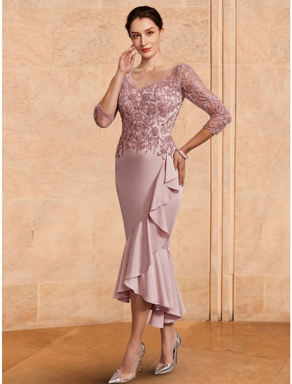 Elegant A-line Mother of the Bride dress with V-neck and 3/4 sleeves, featuring lace ruching and ankle length.