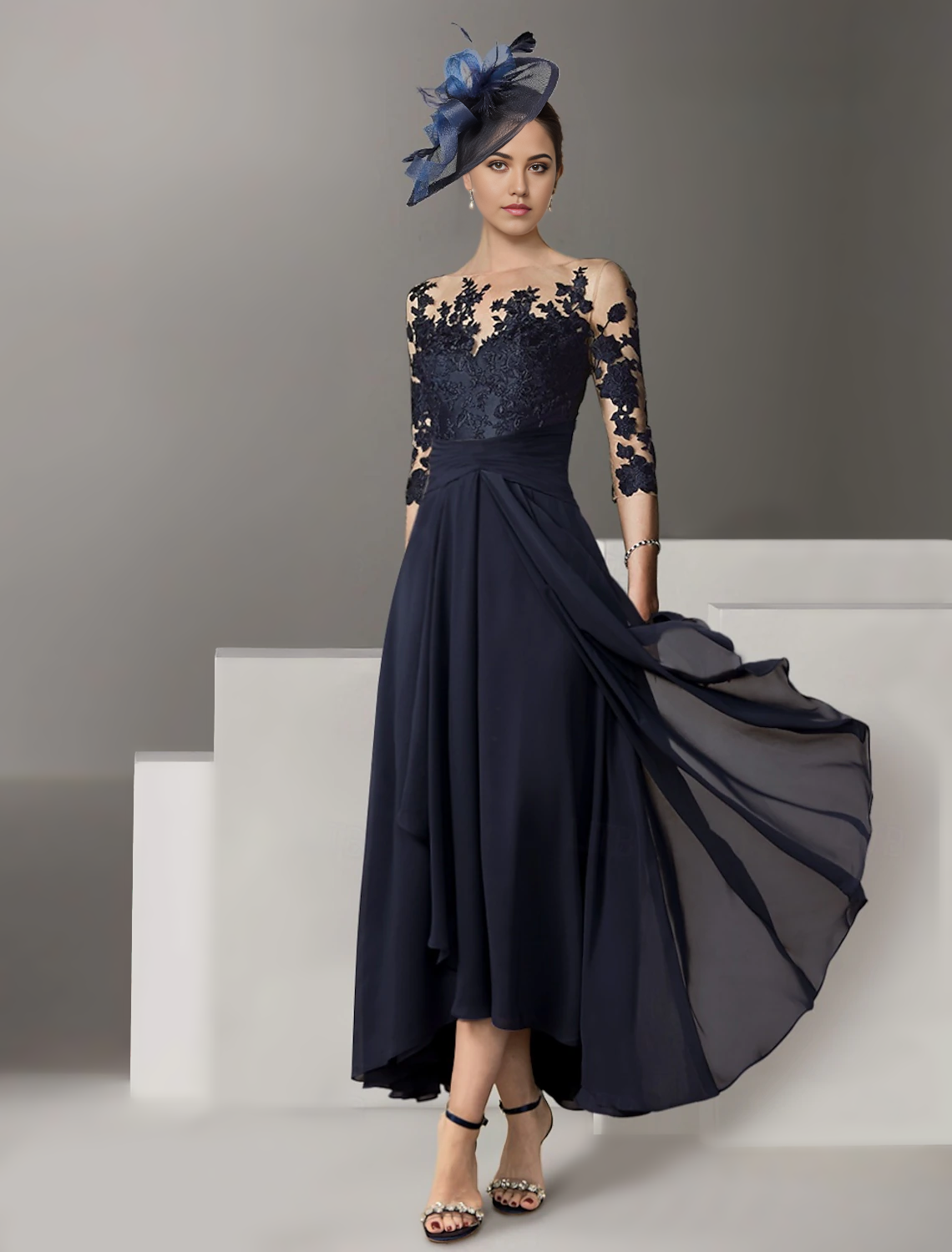 Woman wearing an elegant A-line V-neck cocktail dress with 3/4 sleeves and appliques.