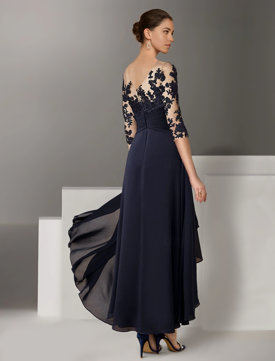 Back view of an A-line V-neck dress, showing the flowing skirt and 3/4 sleeves.