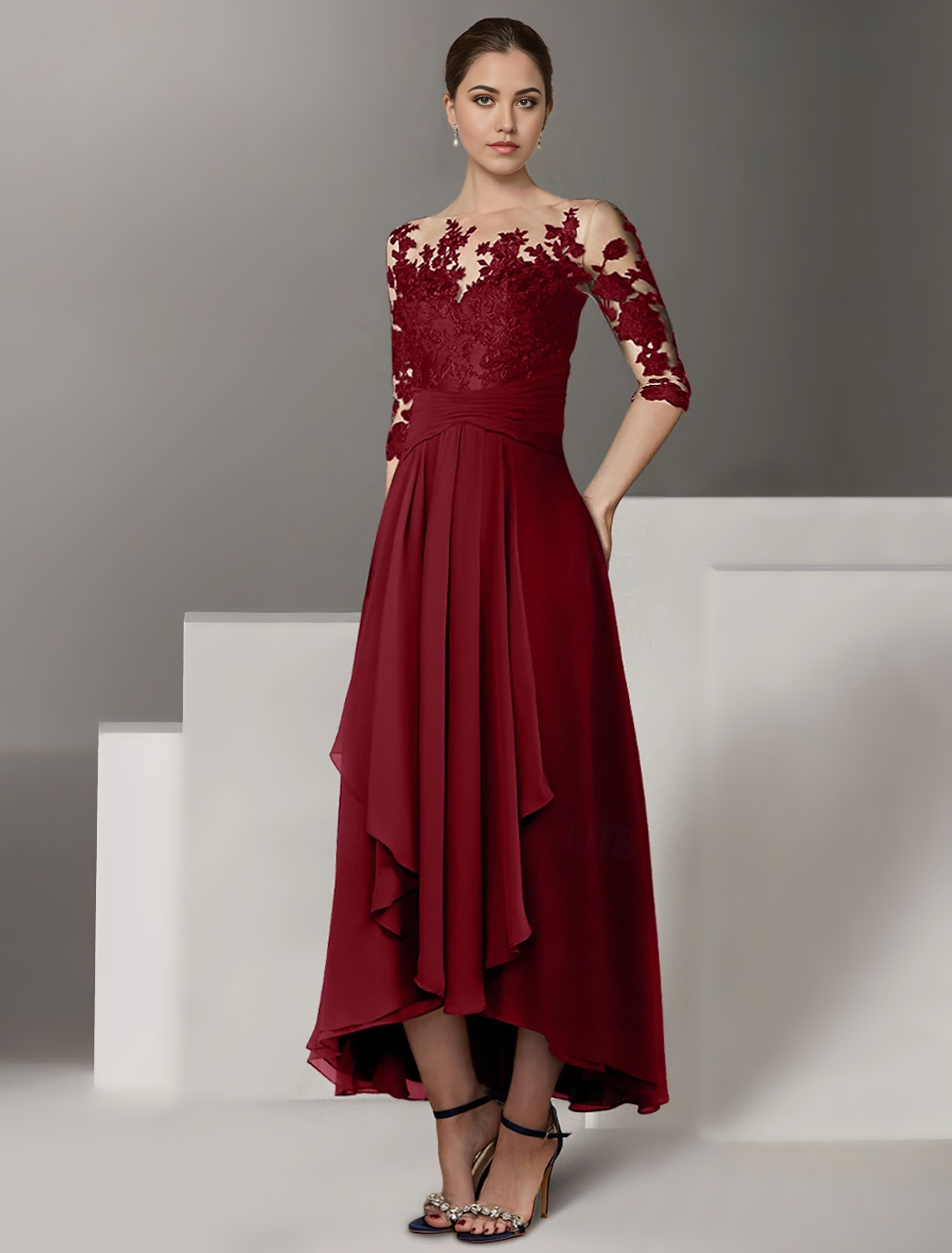 Side profile of a woman in a stretch satin A-line dress with V-neck and appliques.