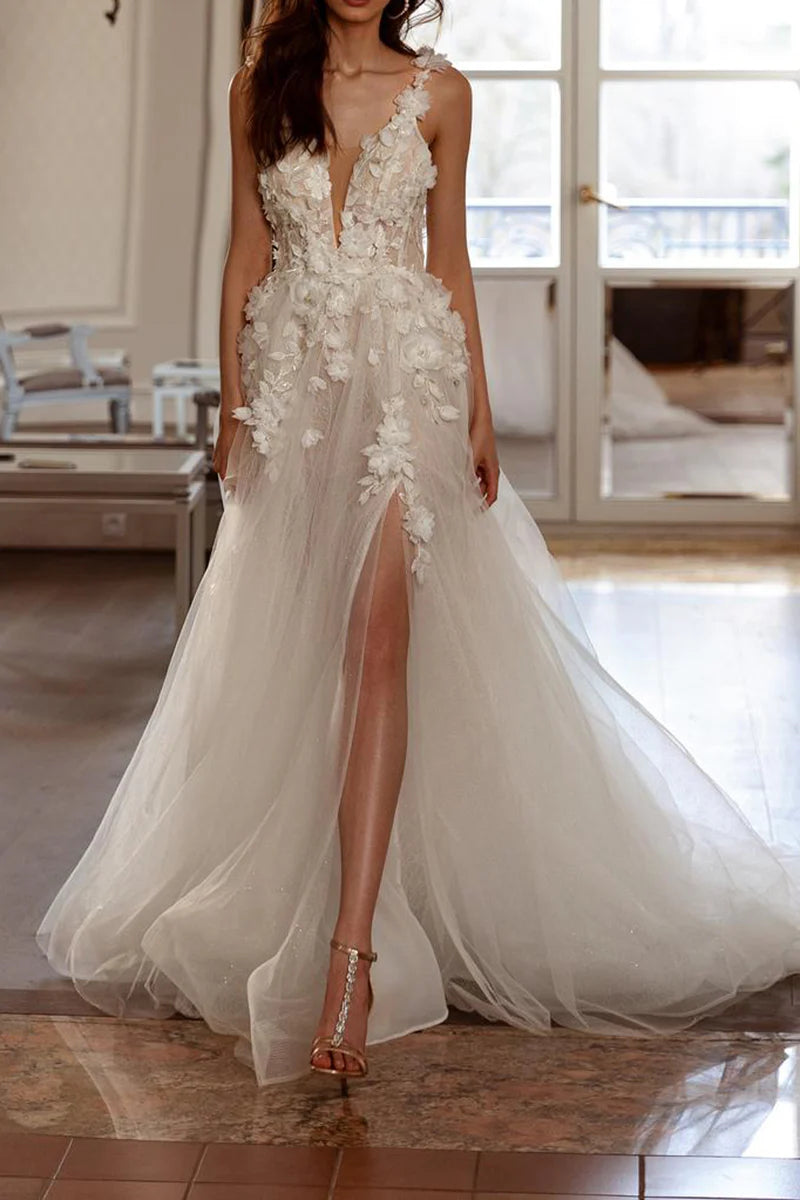 Elegant A-line V-neck wedding dress with 3D appliques and a front slit.