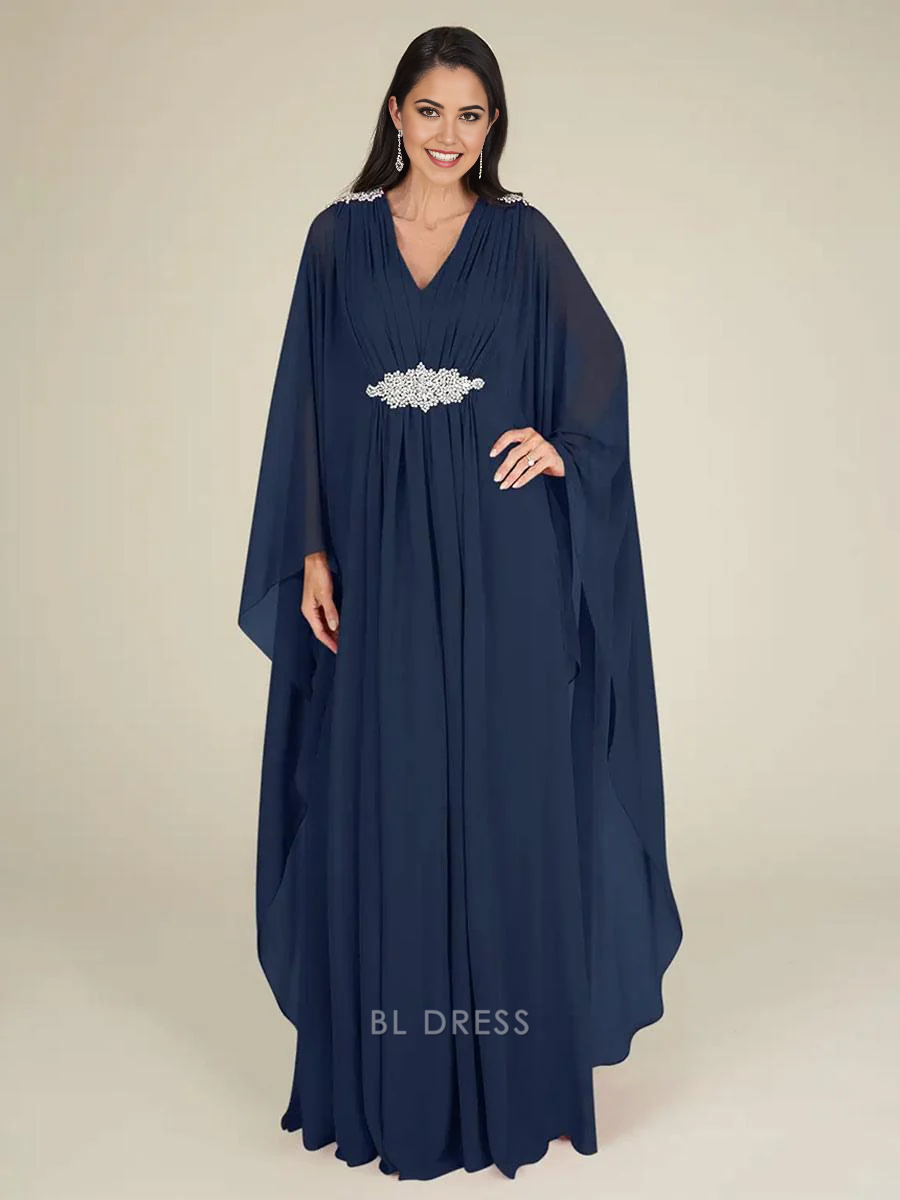 A-Line V-Neck chiffon dress with applique details.