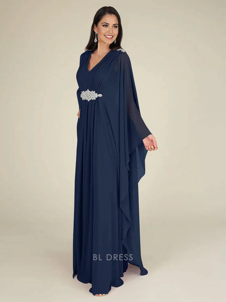 A-Line V-Neck chiffon dress with applique details.