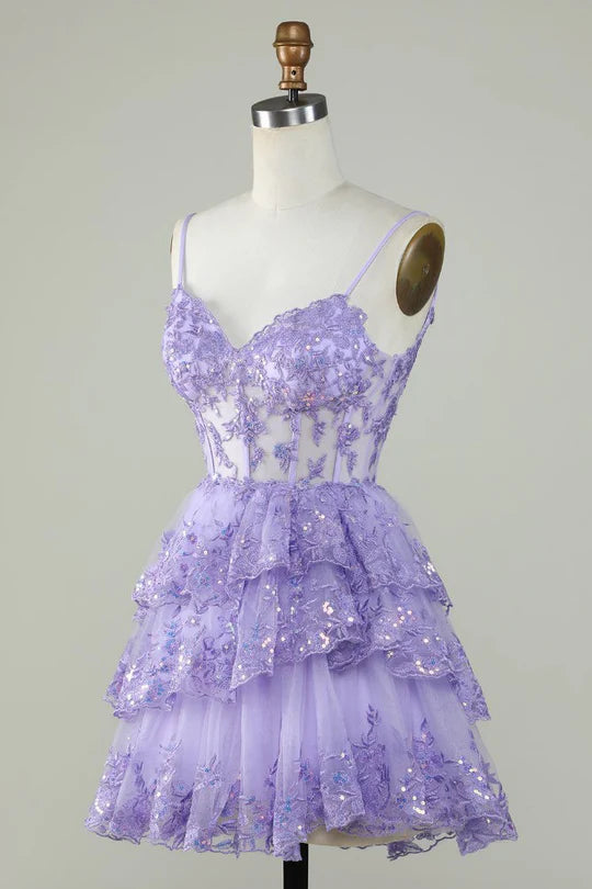 Full view of lavender A-Line tulle homecoming dress with applique.