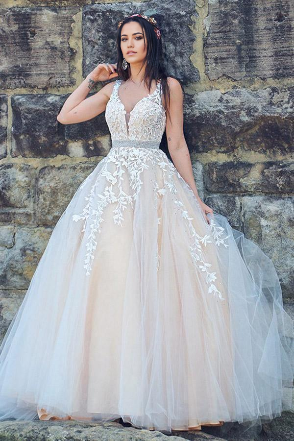 A-Line V-neck wedding dress with applique and sweep train.