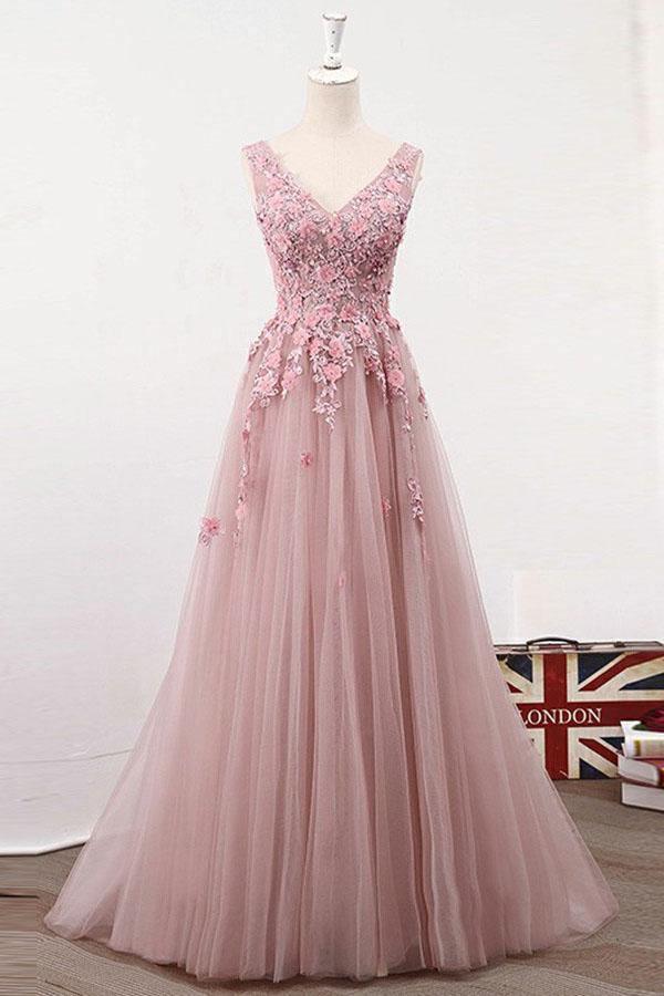 Elegant A-Line V-Neck tulle prom dress with appliques and beading.