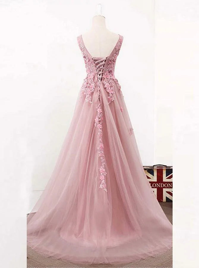 Back view of an A-Line V-Neck prom dress, showcasing the flowing tulle skirt.