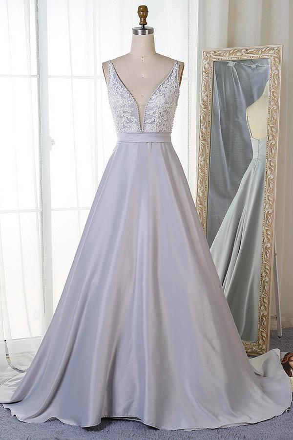Elegant A-line V-neck satin prom dress with appliques and sweep train.